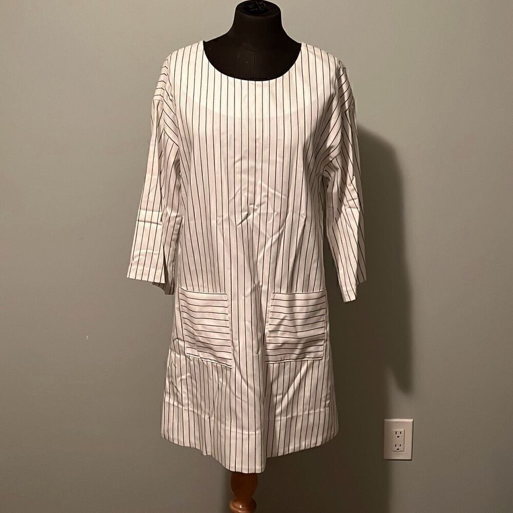 August Morgan by Kate Hersch Women's White Striped 3/4 Sleeve Shift Dress